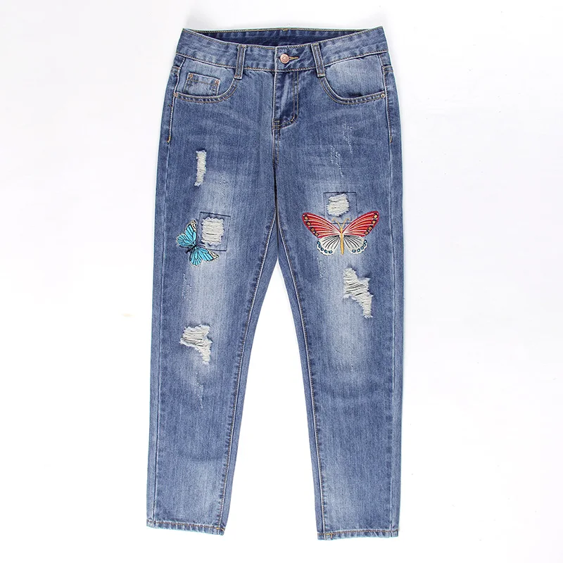 

Vintage Embroidered Flower Jeans Women 2019 Autumn Radish Pants Slim Straight Pants Pants ripped jeans for women
