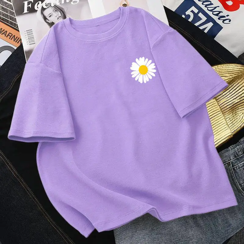 Summer Short Sleeve Women's T-shirt 2020 Loose Casual T Shirts Girls Student Half Sleeve Daisy Pattern Harajuku Tops Female Tees