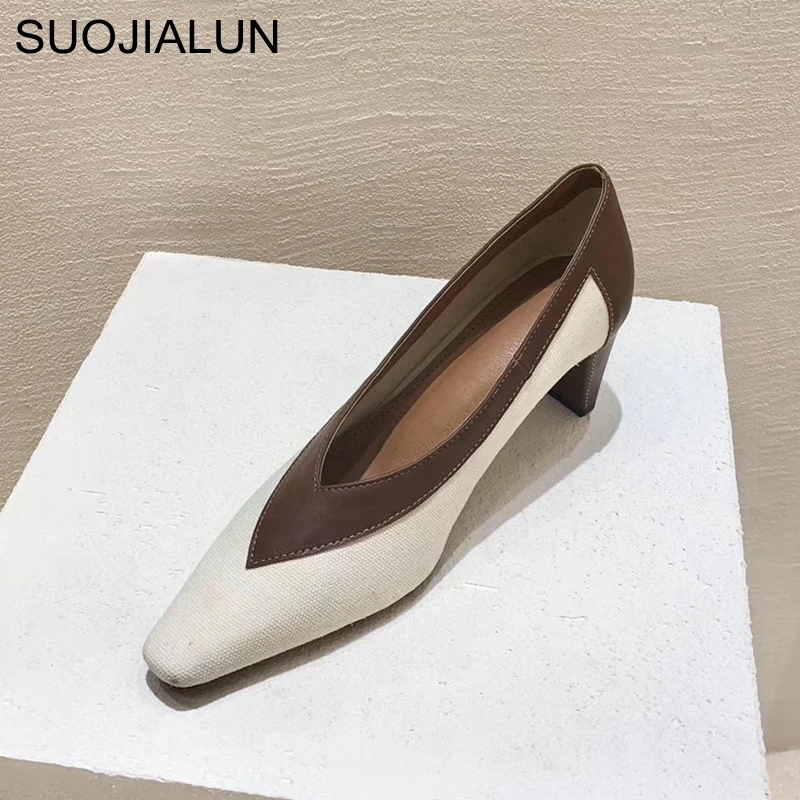 SUOJIALUN/Новинка; Брендовая женская обувь на высоком каблуке; коллекция года; туфли-лодочки без шнуровки на квадратном каблуке; офисные туфли-лодочки; женские модельные туфли