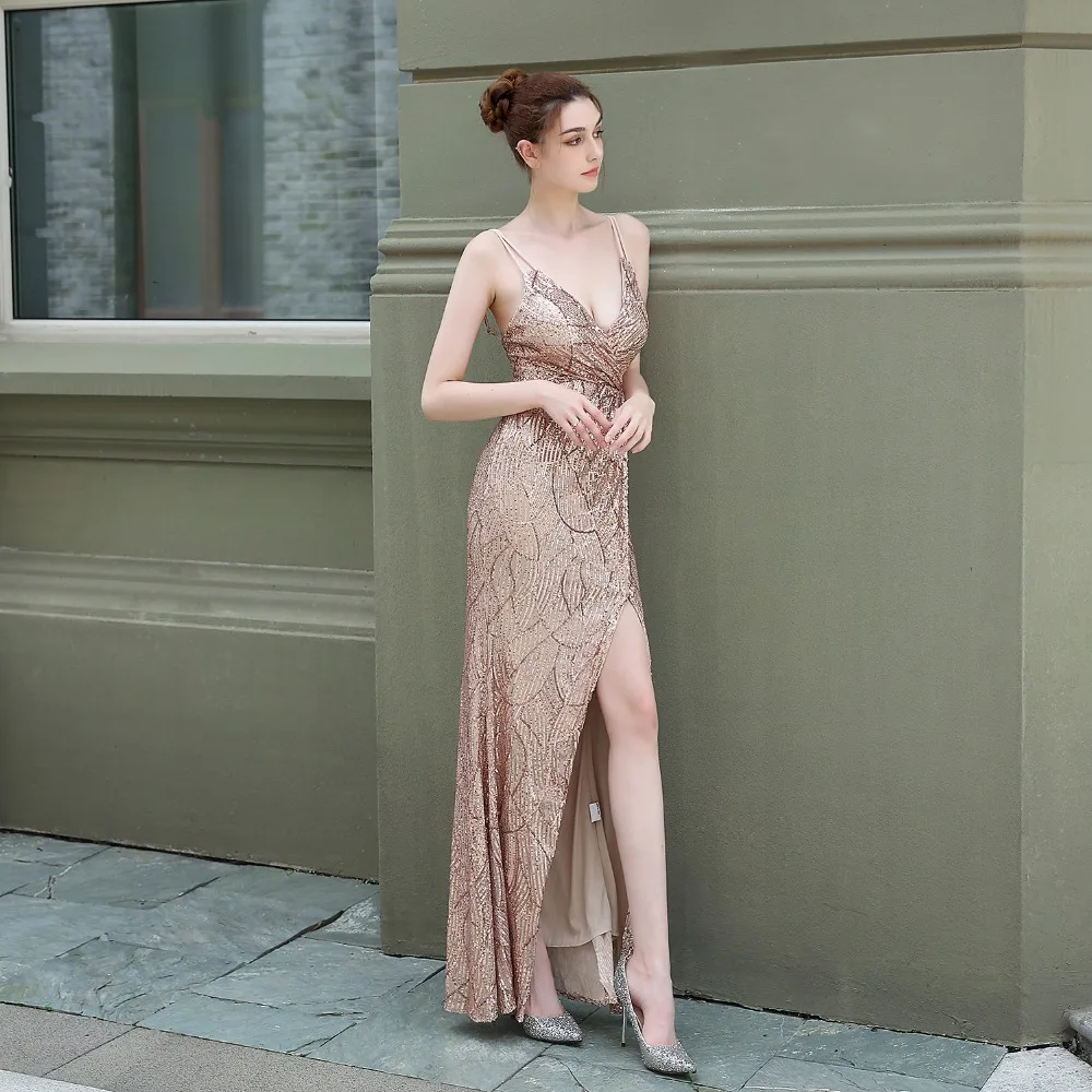 Gold Sequins Spaghetti Strap Deep V Neck Backless Open Slit Luxury Party Dresses For Women 2020 Fashion Elegant Night Club Dress (32)