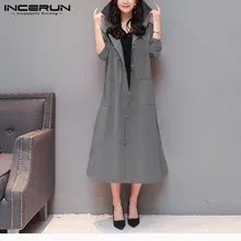 INCERUN, Ретро стиль, Повседневный, для мужчин, сплошной цвет, длинный рукав, с капюшоном, длинный Тренч, куртки, модная Пряжка, для мужчин и женщин, толстовки, одежда, пальто