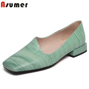 

ASUMER 2020 top quality genuine leather shoes women pumps square toe Stone pattern spring summer comfortable casual shoes woman