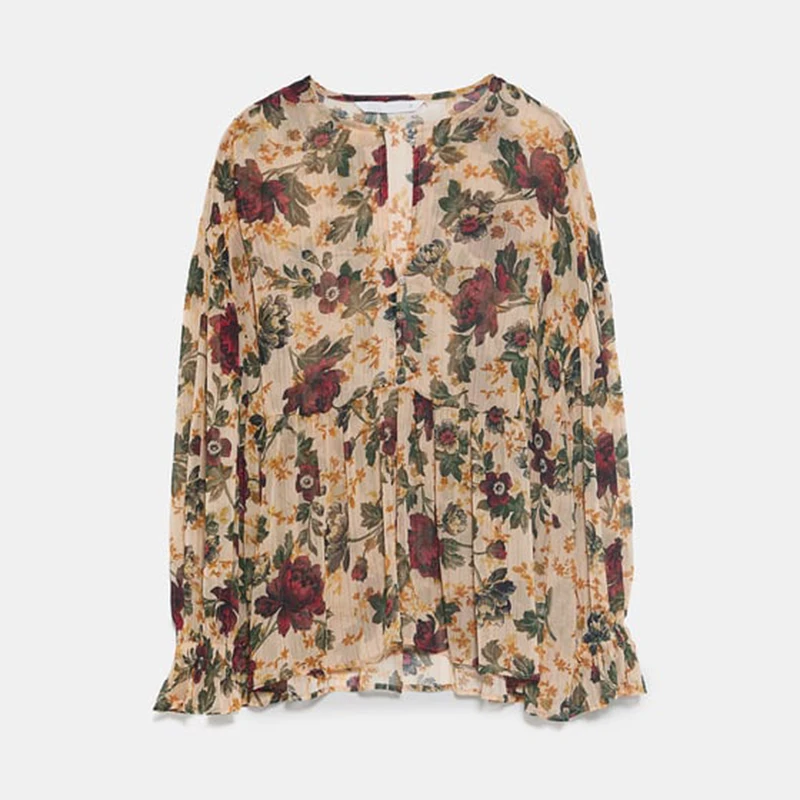 ZA кружевные рубашки осень зима цветочный принт блузки рукава темперамент Глубокий О лацкане рубашка женская Мода High Street пуловер - Цвет: 10