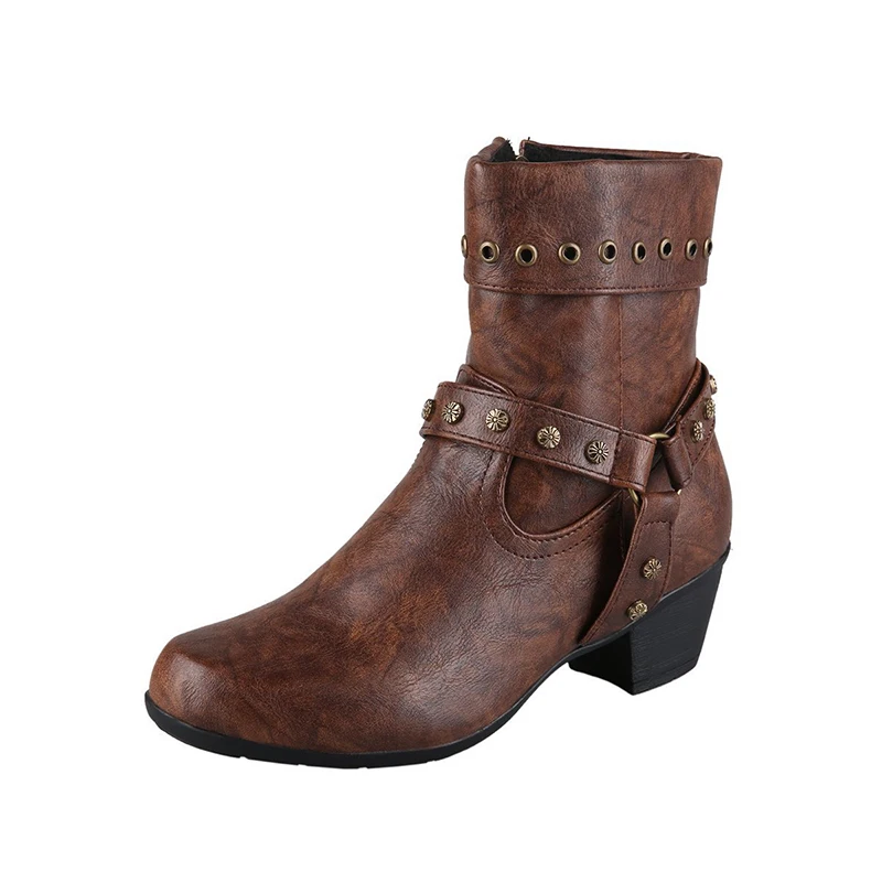 New Autumn Winter Women's Boots Street Handmade Round Head Thick Heel Side Zipper Tube Undefinedtrend Trend Work Rivet Boots2020