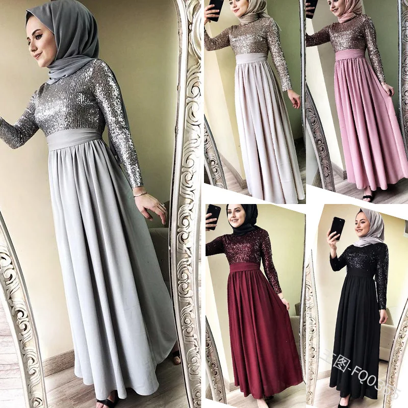 

Elegant Muslim Sequins Abaya Full Dress Vestidos Cardigan Kimono Loose Long Robe Gowns Jubah Middle East Eid Ramadan Islamic