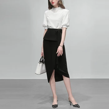 

French Vintage Womens Set Clothes For Work Office Lady Skirt Suits 2020 Summer Polka Dot Top Split Wrap Skirt Two Pieces Female