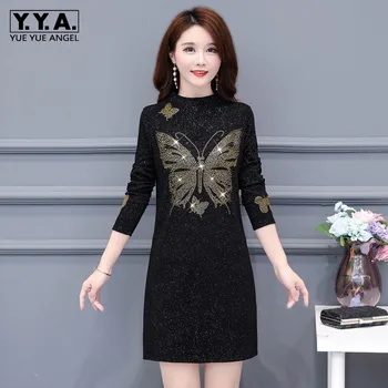 

Elegant 2020 Autumn Winter Womens Slim Fit Dresses Fashion Butterfly Diamonds Long Sleeve Fleece Lining Dresses Plus Size 5XL