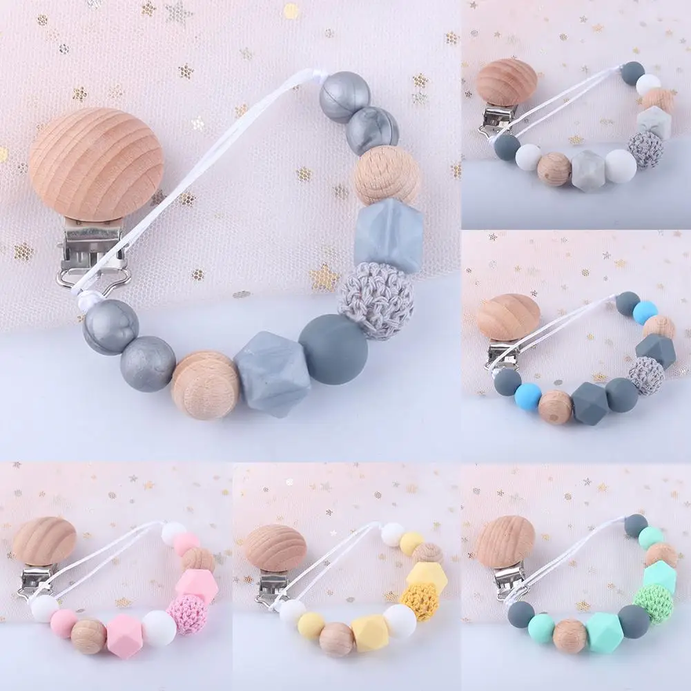 Wooden Nipple Holder Clip Chain Wood Beads Love Heart Baby Girl Boy Teether Soother Pacifier Clips Leash Strap | Мать и ребенок