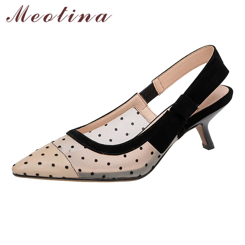 

Meotina Shoes Women Kid Suede High Heel Sandals Bow Pointed Toe Thin Heels Cutouts Female Sandals Summer Black Apricot Size 40