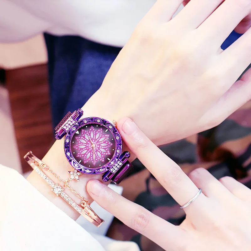 Женские с магнитом пряжка Клевер на удачу часы Роскошные женские кварцевые часы со стразами браслет набор Relogio Feminino