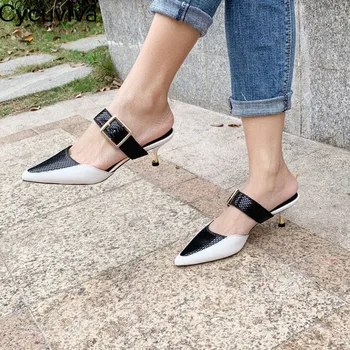 

New Metal Buckle Kitten Heels Women Slippers Gladiators Sandals Slides Summer Leather Shoes Woman Runway Party Dress Mules Shoes
