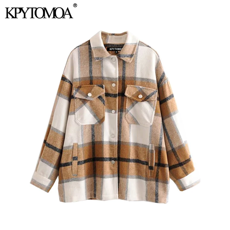 Koop Vintage Stijlvolle Zakken Oversized Geruite Jas Jas Vrouwen 2020 Fashion Revers Kraag Lange Mouwen Losse Bovenkleding Chic Tops