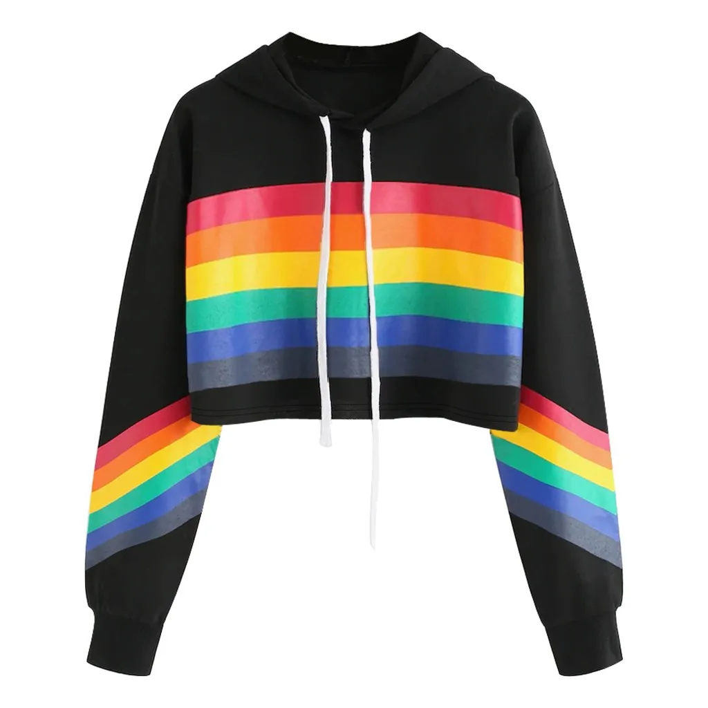JAYCOSIN Fashion Women Rainbow Print Loose Long sleeve Sweatshirt Casual Stripe Colourful Chic Solid Elegant Hooded Pullover