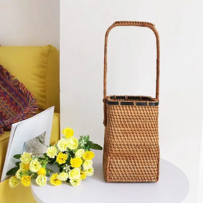 Storage Basket Hand-woven Vietnam rattan Portable handheld Sundries decorate the storage basket with flowers Home decoration