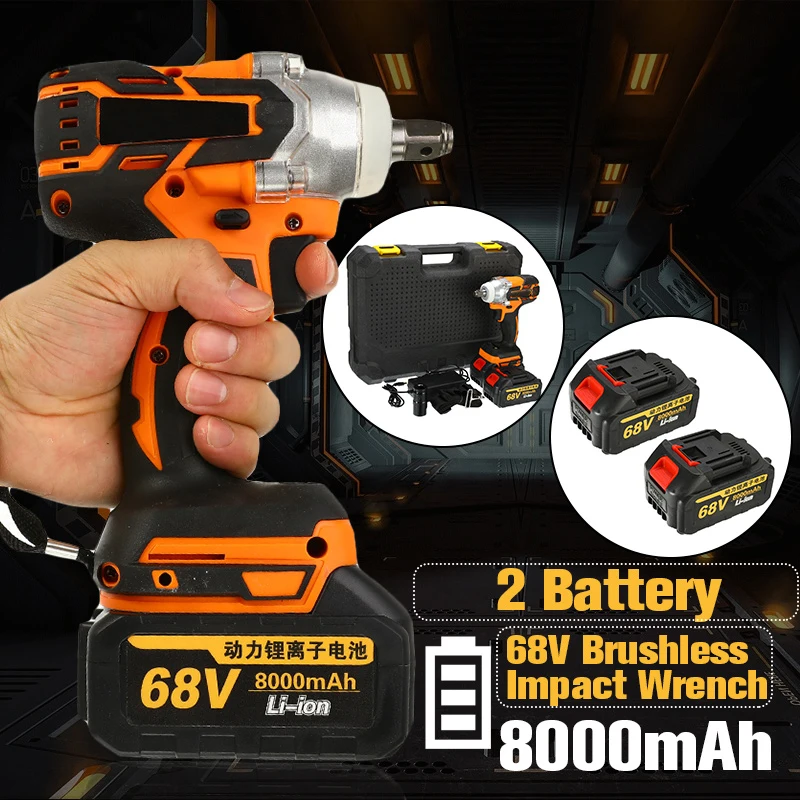 

68V 8000mAh 520N.m Cordless Lithium-Ion Electric Impact Wrench Brushless Motor 2 Battery With Charge Power Tools