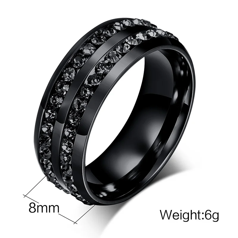 Mens Womens 8MM Stainless Steel Channel Setting Double Row CZ Crystal Promise Engagement Band Unisex Wedding Ring Men Fashion Jewelry anel masculino 111