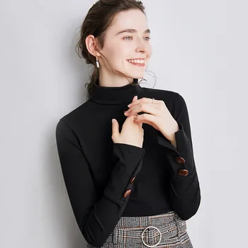 

Button T-shirt Slim long-sleeved women autumn bottoming shirt Women's inner high-neck fashionable fashionable foreign style top