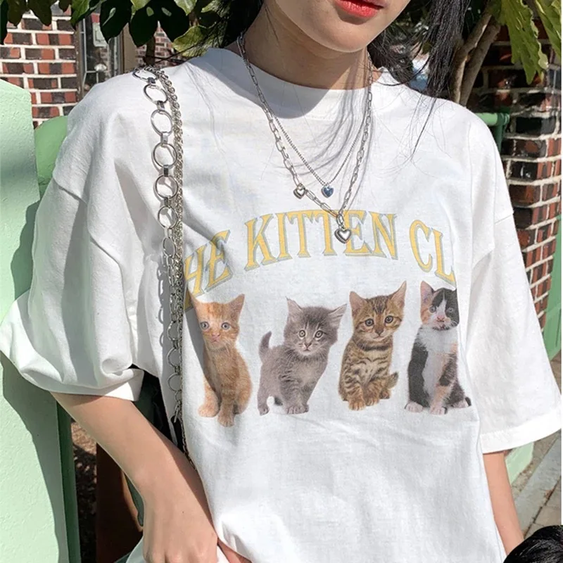 Sunfiz Kawaii The Kitten Club Женская футболка уличная одежда белая хлопковая женская с