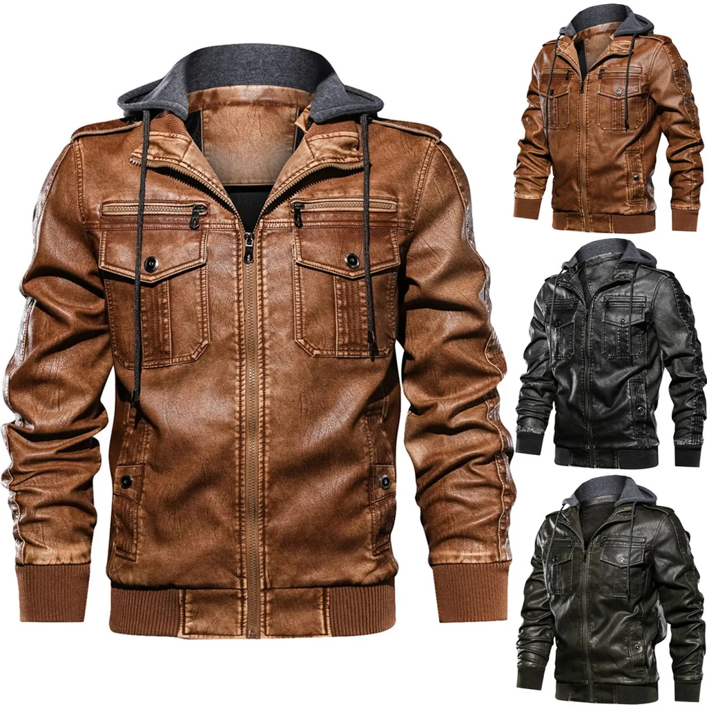 

Mens Jacket Spring Autumn Men Vintage Zipper Fashion Coats Hoodie Pure Color Imitation Leather Coat Napapijiri Leather Jacket