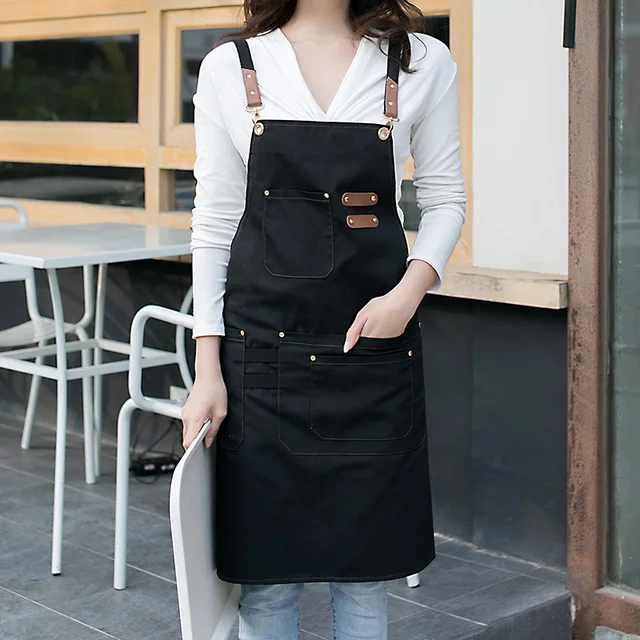New Fashion Canvas Kitchen Aprons For Woman Men Chef Work Apron For Grill Restaurant Bar Shop Cafes Beauty Nails Studios Uniform black