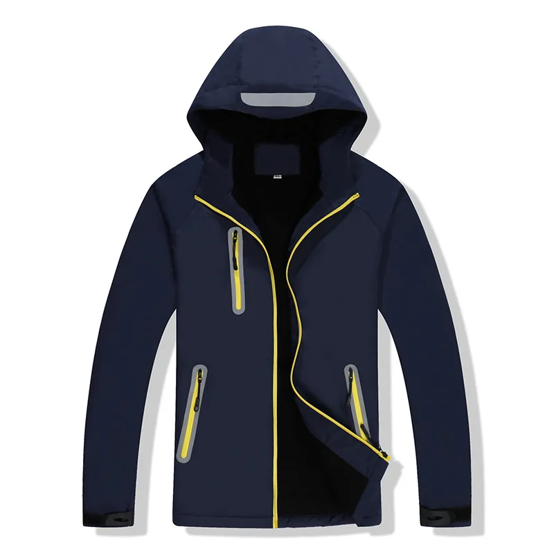 Navy blue Теплая Флисовая Водонепроницаемая ветровка, светоотражающая зимняя мужская верхняя одежда, толстая походная куртка на молнии с капюшоном - Цвет: Navy blue