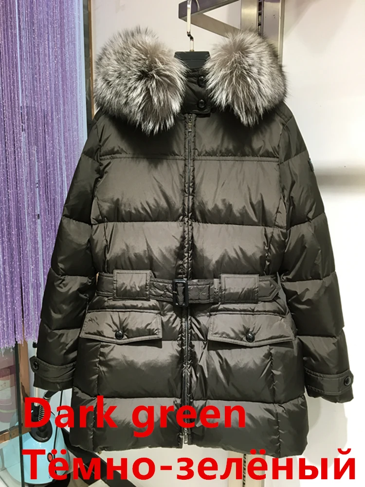 Зимняя женская куртка на утином пуху, темно-армейский зеленый, новинка, настоящая большая шуба из лисьего меха, Женская куртка средней длины с капюшоном и поясом - Цвет: Армейский зеленый