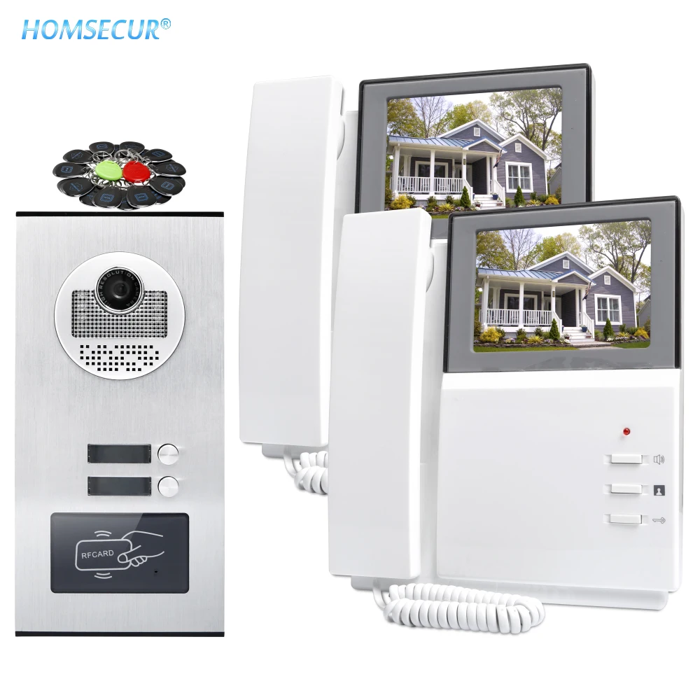 HOMSECUR 4 3 &quotПроводной Видео и Аудио Домофон Комплект с RFID Наружным Блоком для 2