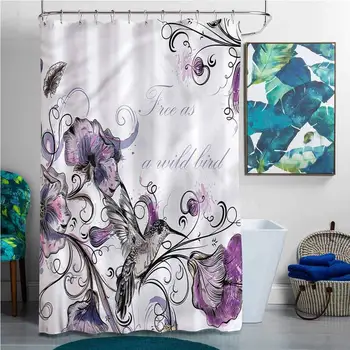

Kids Shower Curtain Hummingbird Ornate Flowers Leaves Bathroom Decoration W60x72L
