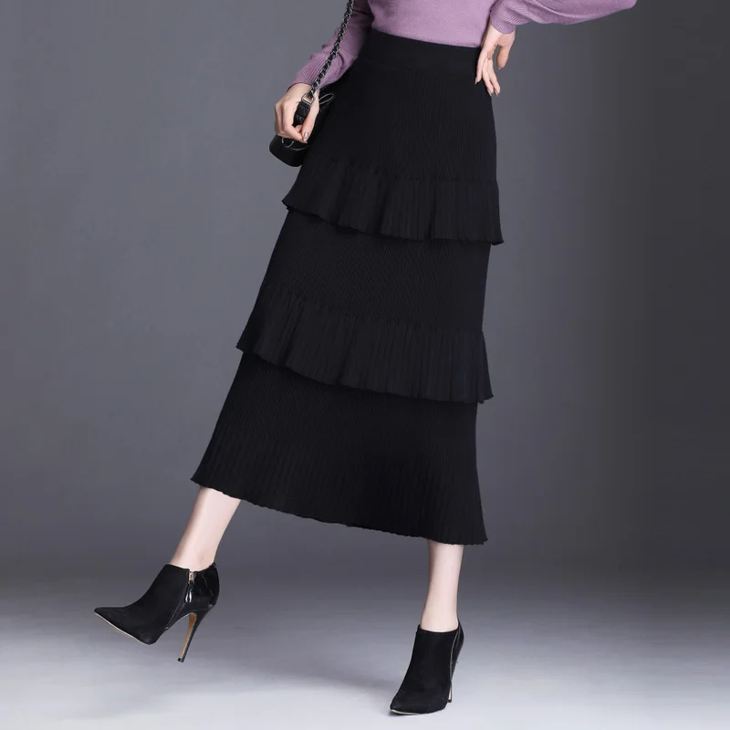 Осень-зима, Женская эластичная плиссированная черная серая трикотажная юбка с высокой талией и оборками, повседневные корейские вязаные юбки для женщин