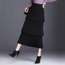 Осень-зима, Женская эластичная плиссированная черная серая трикотажная юбка с высокой талией и оборками, повседневные корейские вязаные юбки для женщин