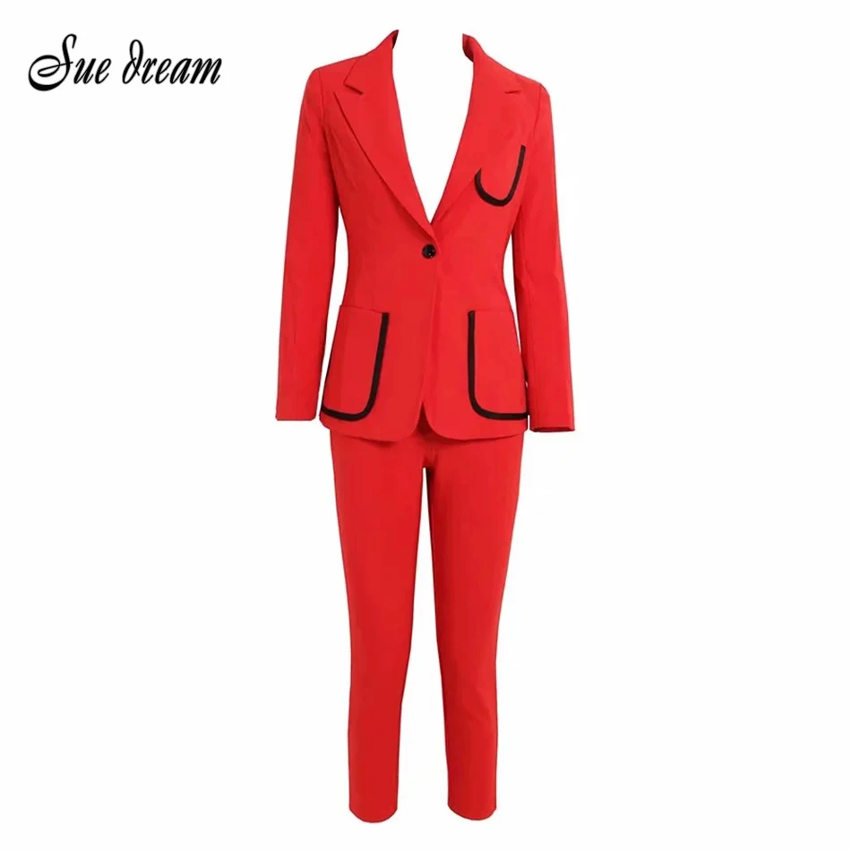 High Quality Red 2 Piece Two-Piece Set Autumn And Winter New Women'S Waist Split Pocket Ol Bodycon V-Neck Club Party | Женская