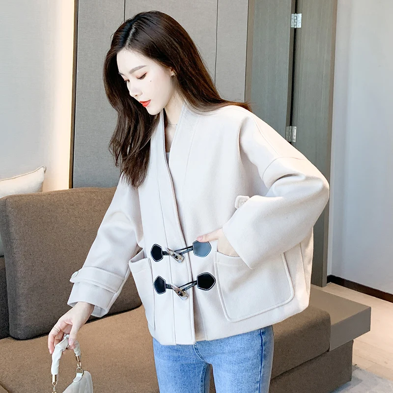 Double Breasted Coat 2020 Winter Loose Fashion V-neck Horn Button Long-sleeved Soft Thicken Woolen Coat Women's Tops Clothing
