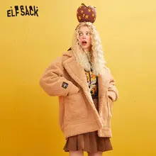 ELFSACK, розовое Однотонное шерстяное пальто с аппликацией лисы, для женщин, зима, цвет хаки, корейский стиль, длинный рукав, теплая женская верхняя одежда