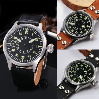 

Mens watch 43mm Black sterile Dial hand winding 316 SS case Luxury 17 Jewels 6497 sapphire crystal Mechanical Wristwatches men
