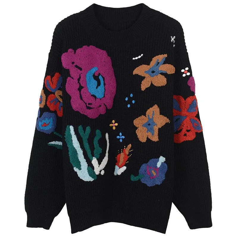 

Women Sweater Plus Size Flowers Embroidery Jumper Oversize Color Block Jersey Runway Loose Long Sleeve Pullovers Knitted Tops