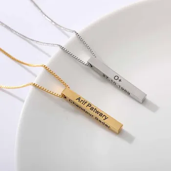 

Four Sides Engraving Square Necklace customize Square Bar Name Necklace Gold Stainless Steel Chain Pendant Jewelry Maxi Colar
