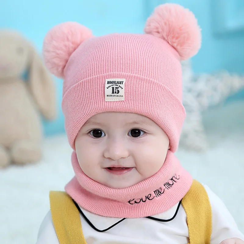 0-12 месяцев, детская зимняя шапка, детские женские шапочки с помпоном, шапка для маленьких девочек и мальчиков, шапка с круглым вырезом, теплый зимний костюм для младенцев, шапка - Цвет: Pink  Hat and scarf
