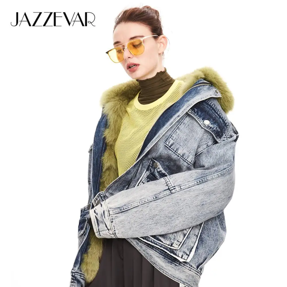 JAZZEVAR Зима новое поступление женская куртка высокого качества с мехом модная свободная одежда верхняя одежда джинсовая куртка W9083