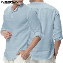 Для мужчин Повседневное рубашки для мальчиков с длинным рукавом на пуговицах воротник; v-образная горловина; хлопок Базовые Цвет свободный покрой Camisa Masculina пляжные шорты Для мужчин сорочка Топы в уличном стиле