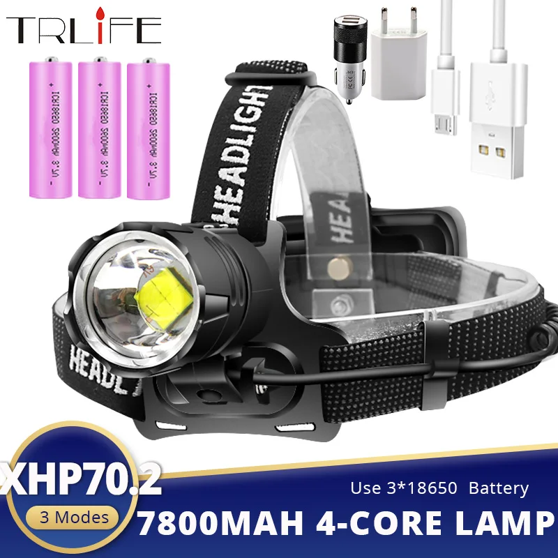 

7800MAH XHP70.2 Powerful LED Headlight Fishing Lamp USB Torch+ T6 LED Headlamp Ultra Bright Zoomable Head Flash Lantern By 18650