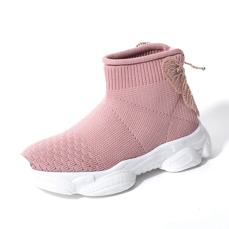 

2021 New Women Casual Sneaker Kids Knit Breathable Mesh Lightweight Sock Boots Bow Boys Girls Non-slip Soft Bottom Sports Shoes