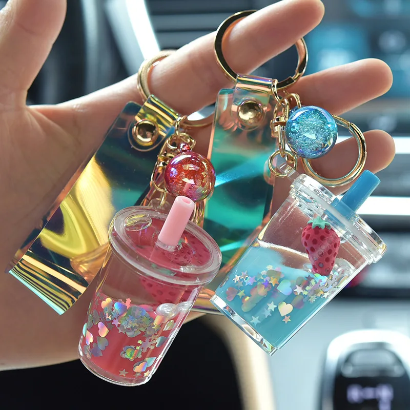 Creative Transparent Milk Tea Cup Keychains Liquid Quicksand Sequin Key Ring Charm Bag Car Pendant Chain for Women Men Kids | Украшения и