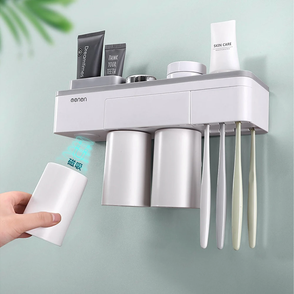 Прямая поставка набор аксессуаров для ванной комнаты для хранения туалетные принадлежности зубная паста диспенсер автоматический держатель зубной щетки прикрепляемый к стене, пластиковый