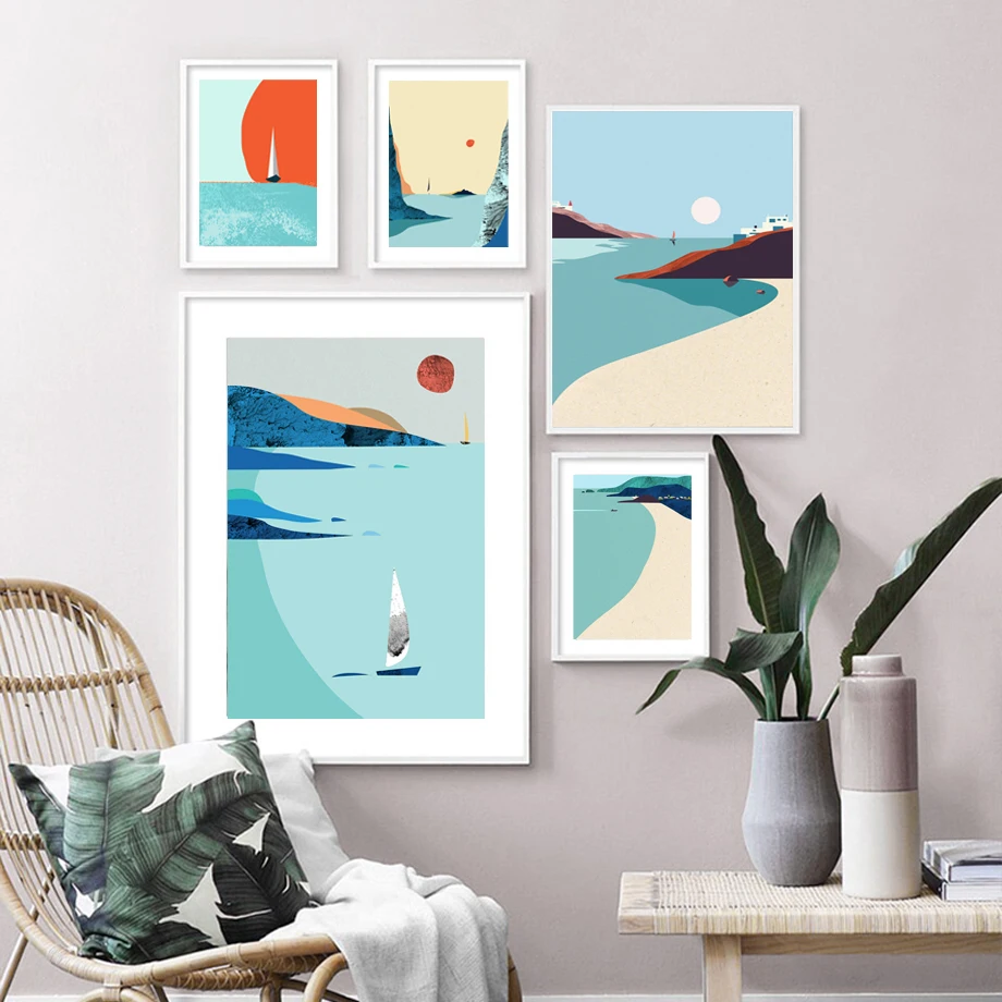 Abstract Sea Beach Sailboat Sun Mountain Wall Art Canvas Painting Nordic Posters And Prints Pictures For Living Room Decor | Дом и сад
