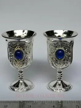 

YIZHU CULTUER ART Collection a Pair Excellent Style China Tibet Silver Inlay Jewelry Drink Cup Wonderful Decoration Gift