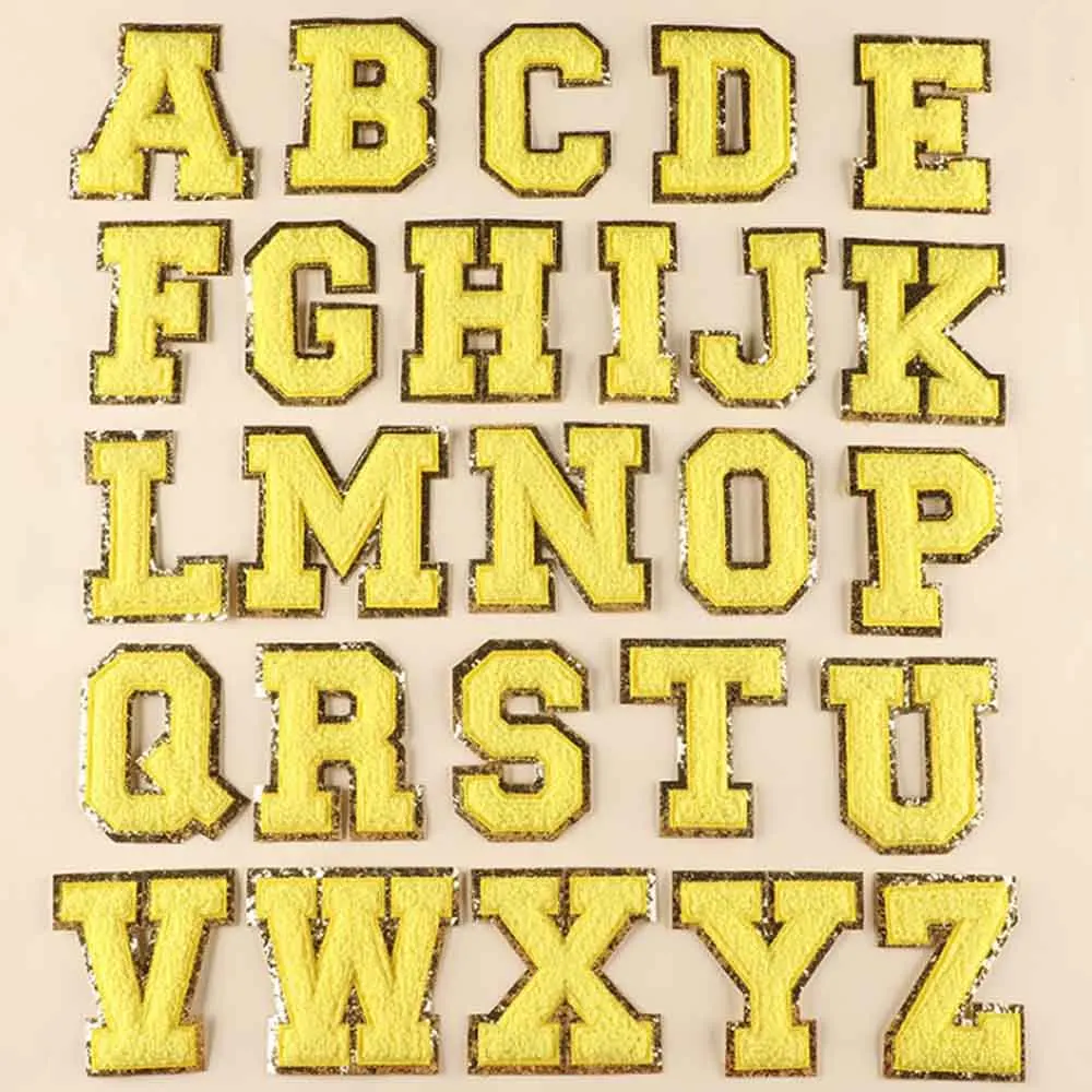 5pc/lot 5.5 cm tall Yellow Towel Iron On Chenille Embroidered Alphabet Letters Clothes Patch For Clothing Girl Bulk PrIce |