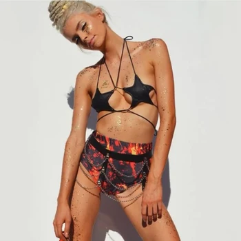 

Sexy Women Two Piece Set Black Criss Cross Bandage Star Shape Crop Tops Leather Metal Chain Garter Chic Party Club Outfits