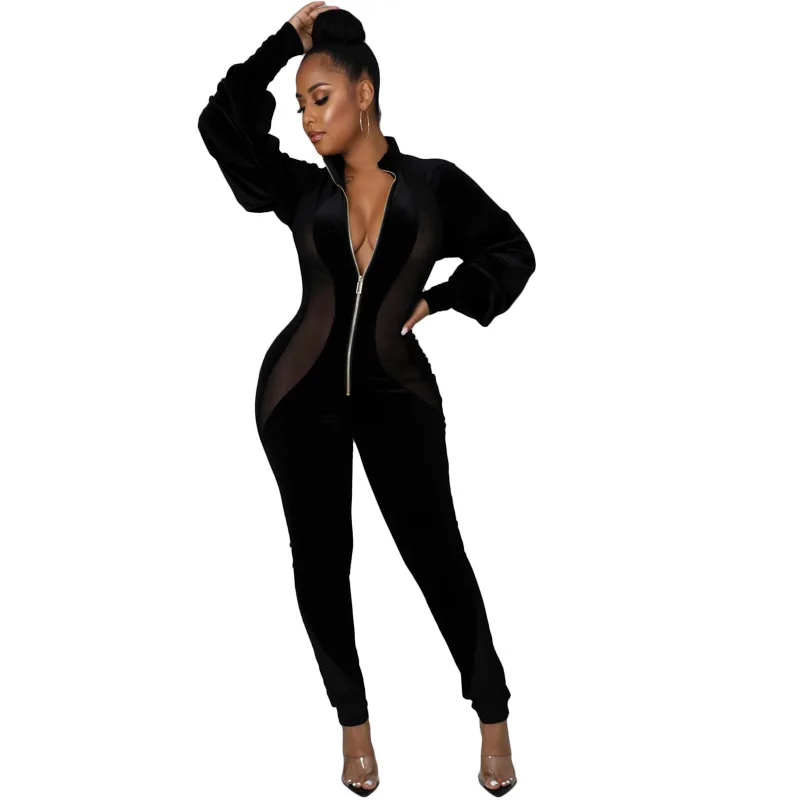 2021 Winter New Zipper Lantern Sleeve Skinny Jumpsuit Fashion Women