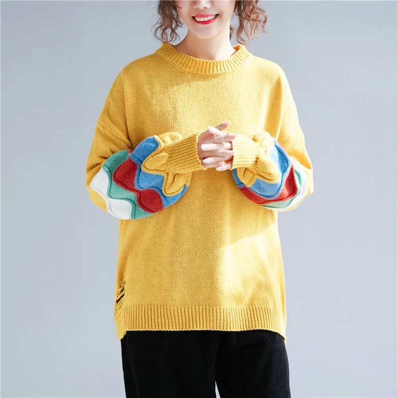 

Yellow Pullovers Feminino O-Neck Jumper Women Mixed Color Knitted Sweater Long Lantern Sleeve Outerwear Pull Autumn Loose Women
