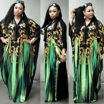 

New Summer Green Classic African Women's Dress Dashiki Fashion Elastic Loose Big Bat Sleeve Digital Print Dress Africa Clothes